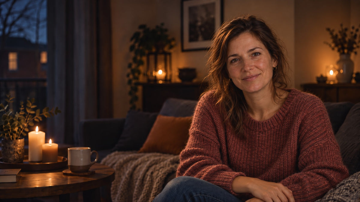 Een vrouw zit ontspannen op de bank in een woonkamer bij kaarslicht