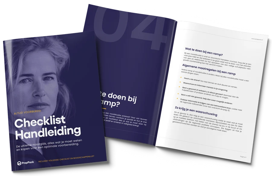 Het PrepPack-boekje Checklist & Handleiding: de omslag naast de opengeslagen handleiding.